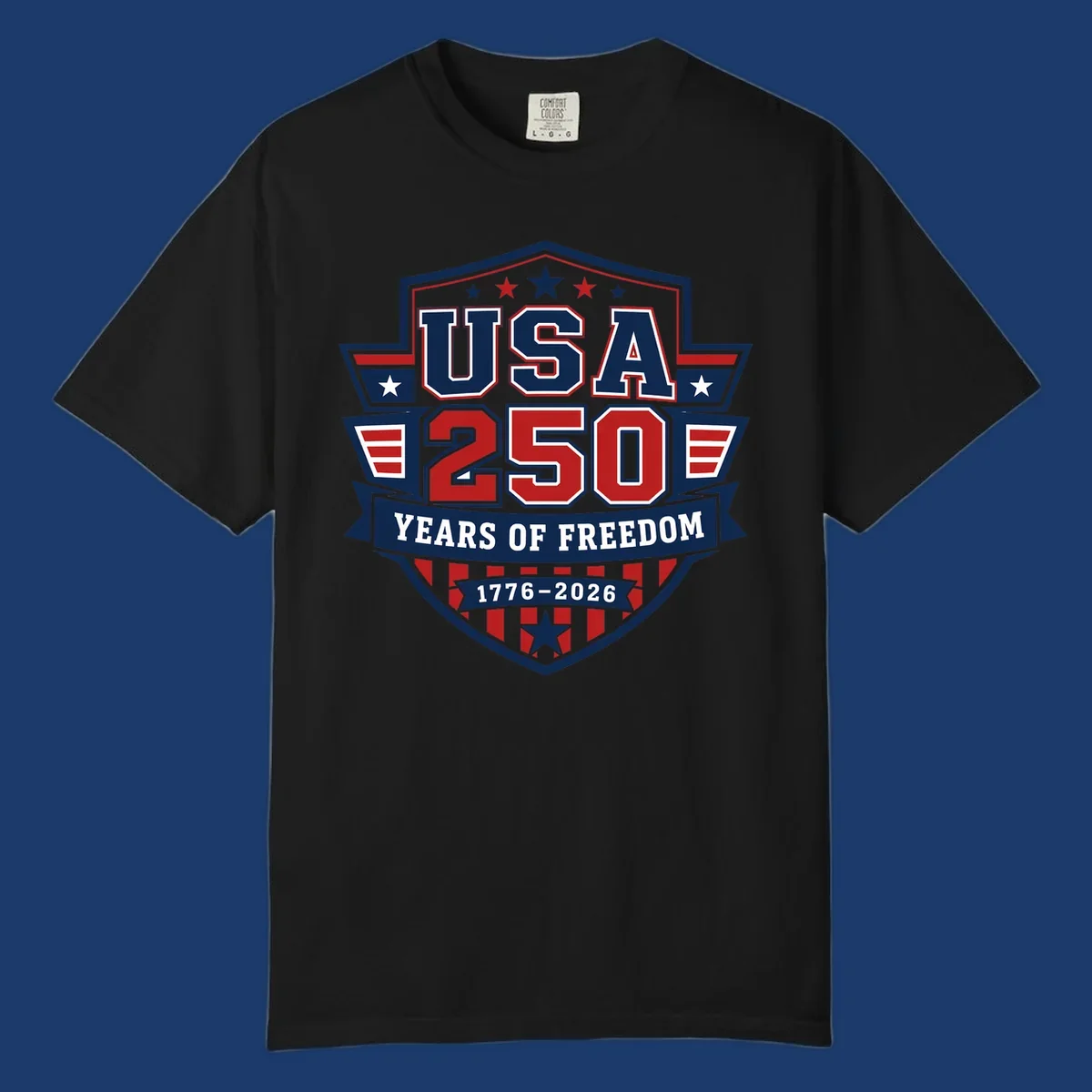 USA 250 freedom anniversary shield design with text and stars.