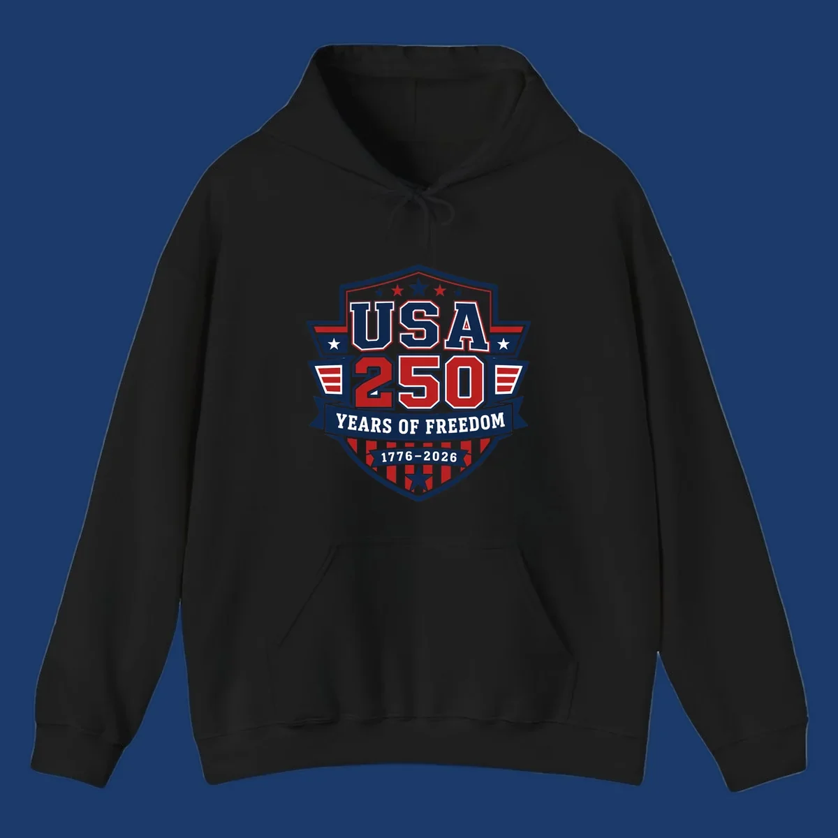 USA 250 freedom anniversary shield design with text and stars.
