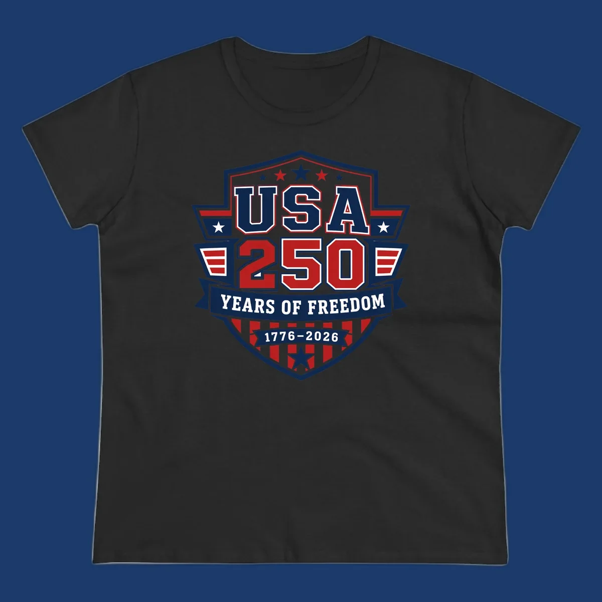 USA 250 freedom anniversary shield design with text and stars.