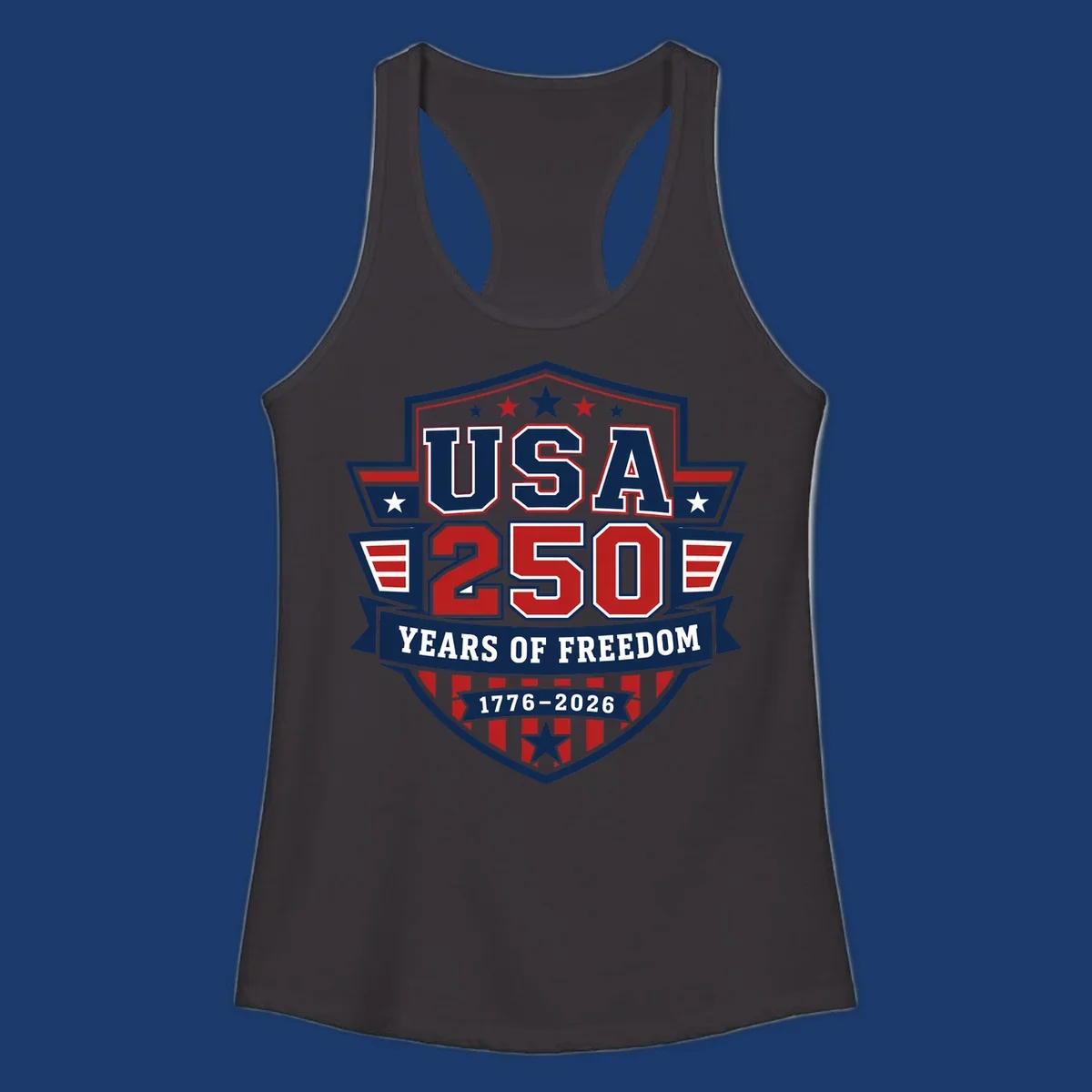 USA 250 freedom anniversary shield design with text and stars.