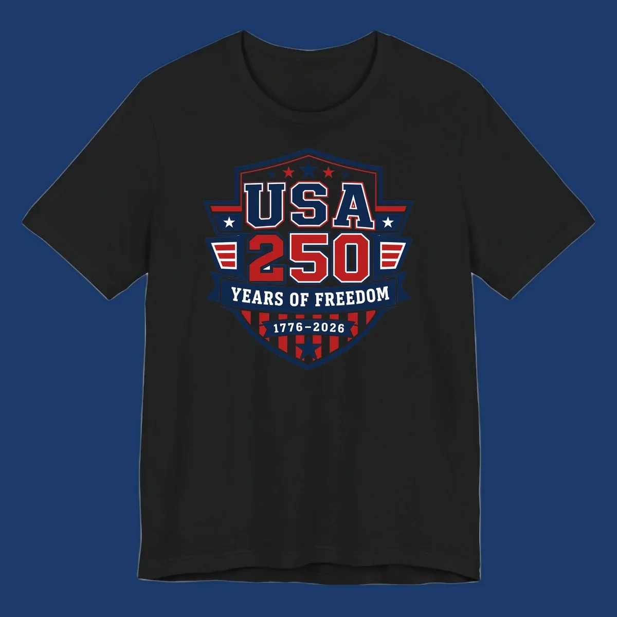 USA 250 freedom anniversary shield design with text and stars.