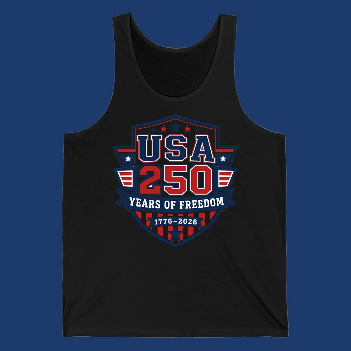 USA 250 freedom anniversary shield design with text and stars.