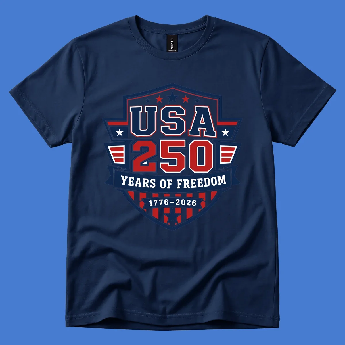 USA 250 freedom anniversary shield design with text and stars.