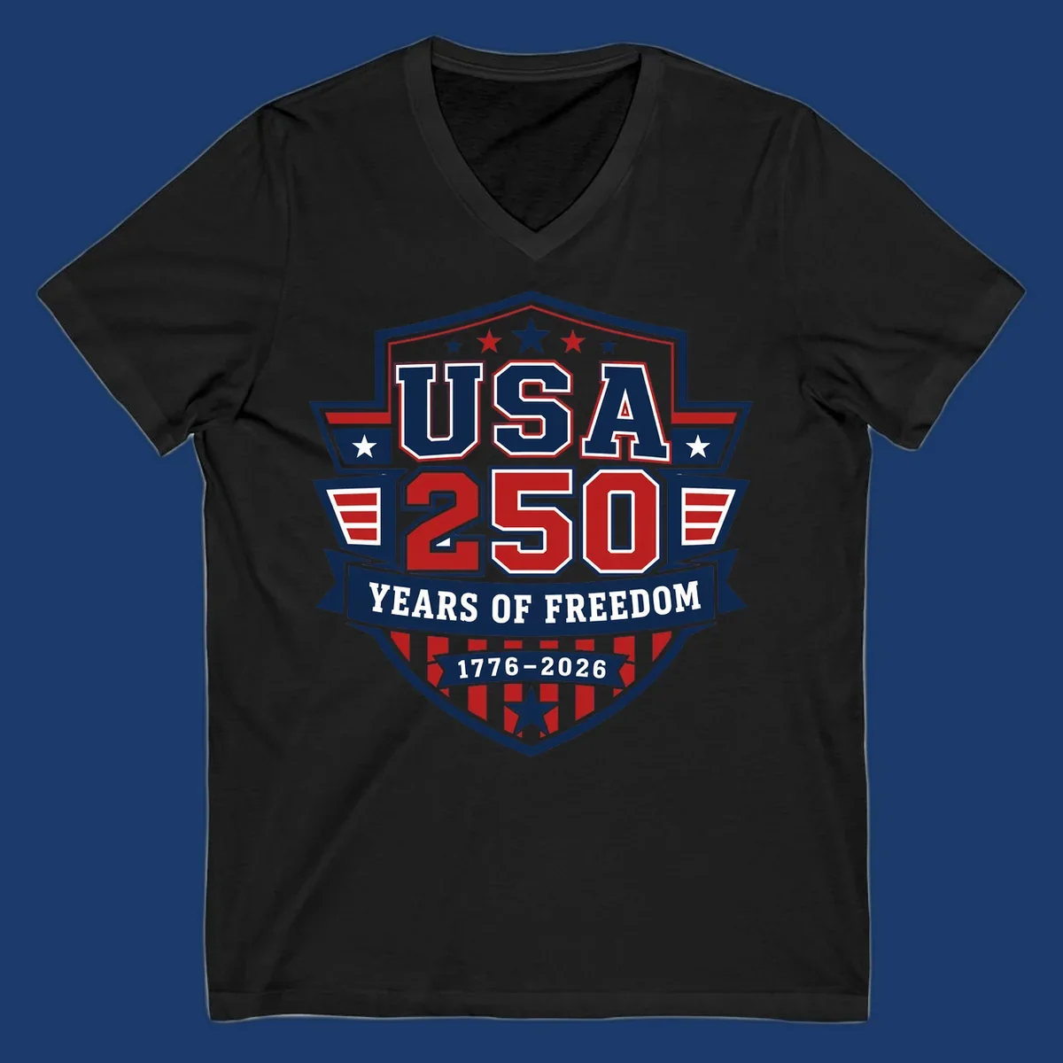 USA 250 freedom anniversary shield design with text and stars.
