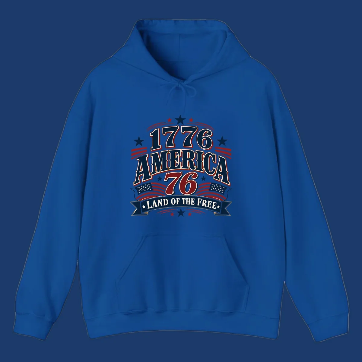 Bold 1776 America Land of the Free design with stars, stripes, and flags.