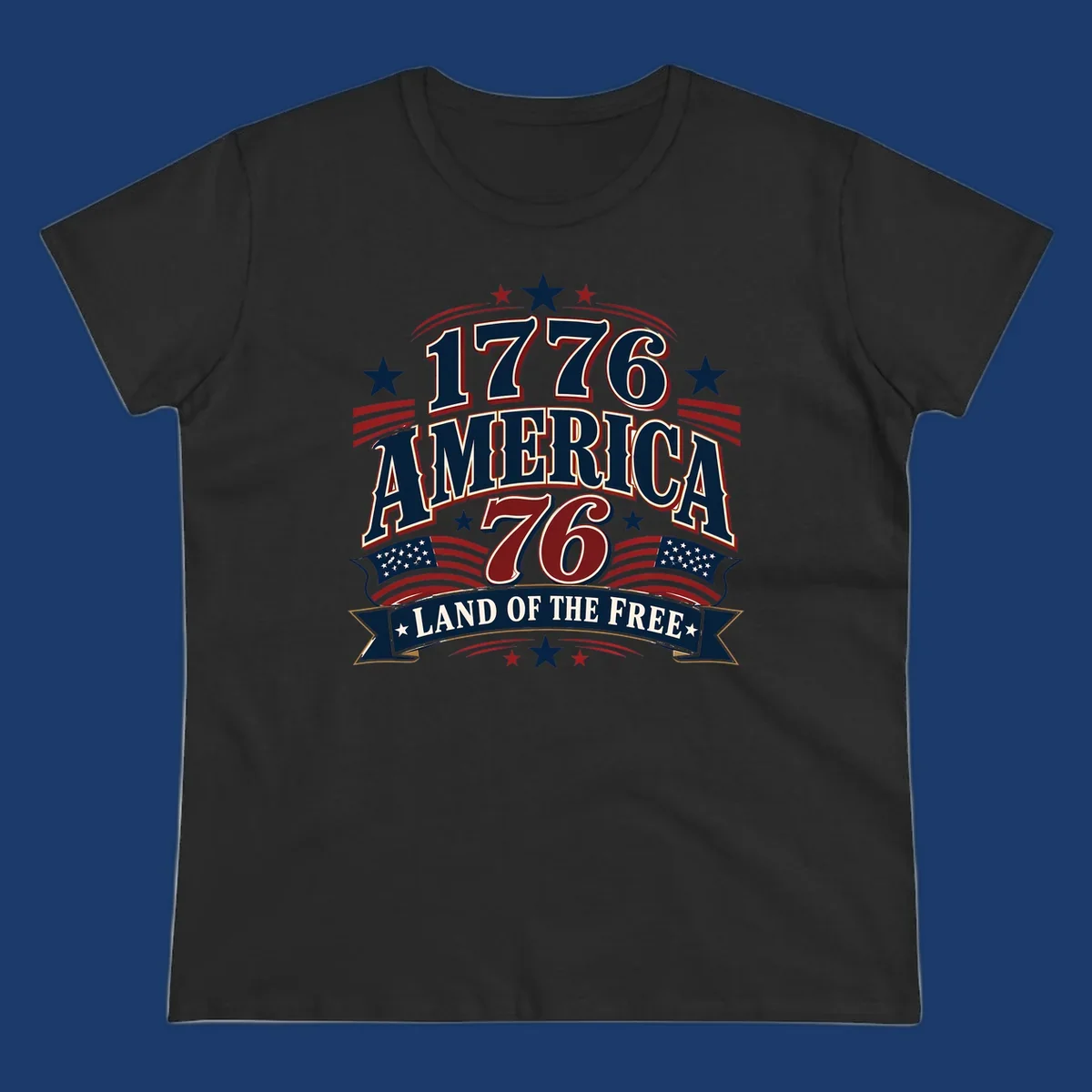 Bold 1776 America Land of the Free design with stars, stripes, and flags.