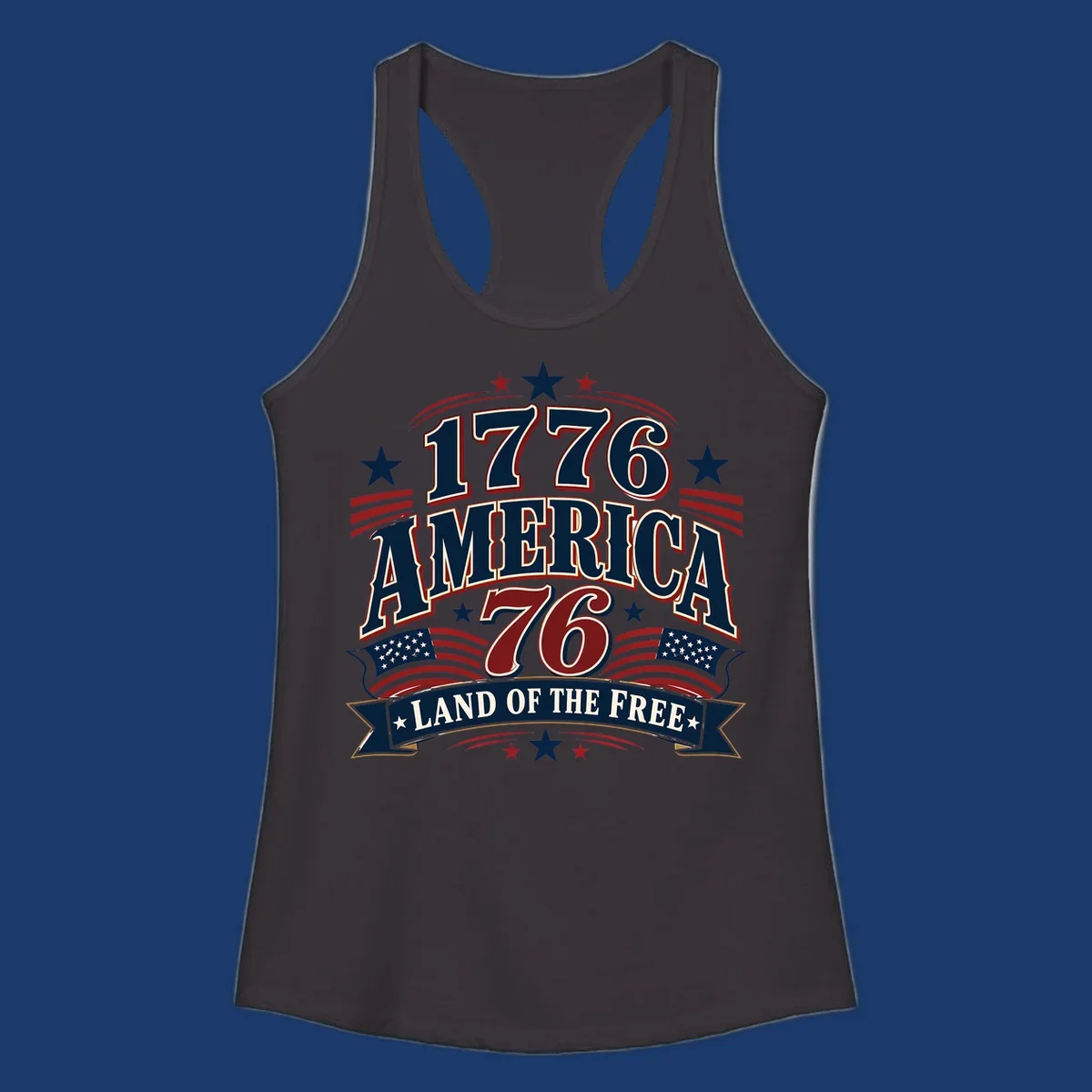 Bold 1776 America Land of the Free design with stars, stripes, and flags.