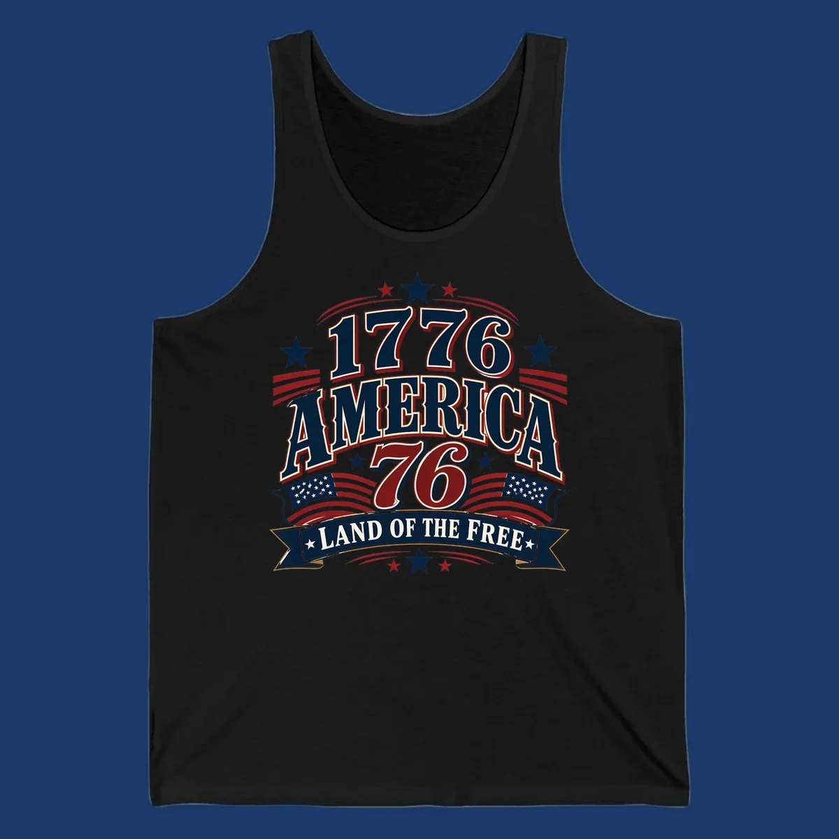 Bold 1776 America Land of the Free design with stars, stripes, and flags.