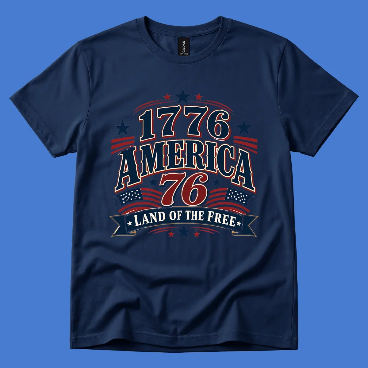 Bold 1776 America Land of the Free design with stars, stripes, and flags.