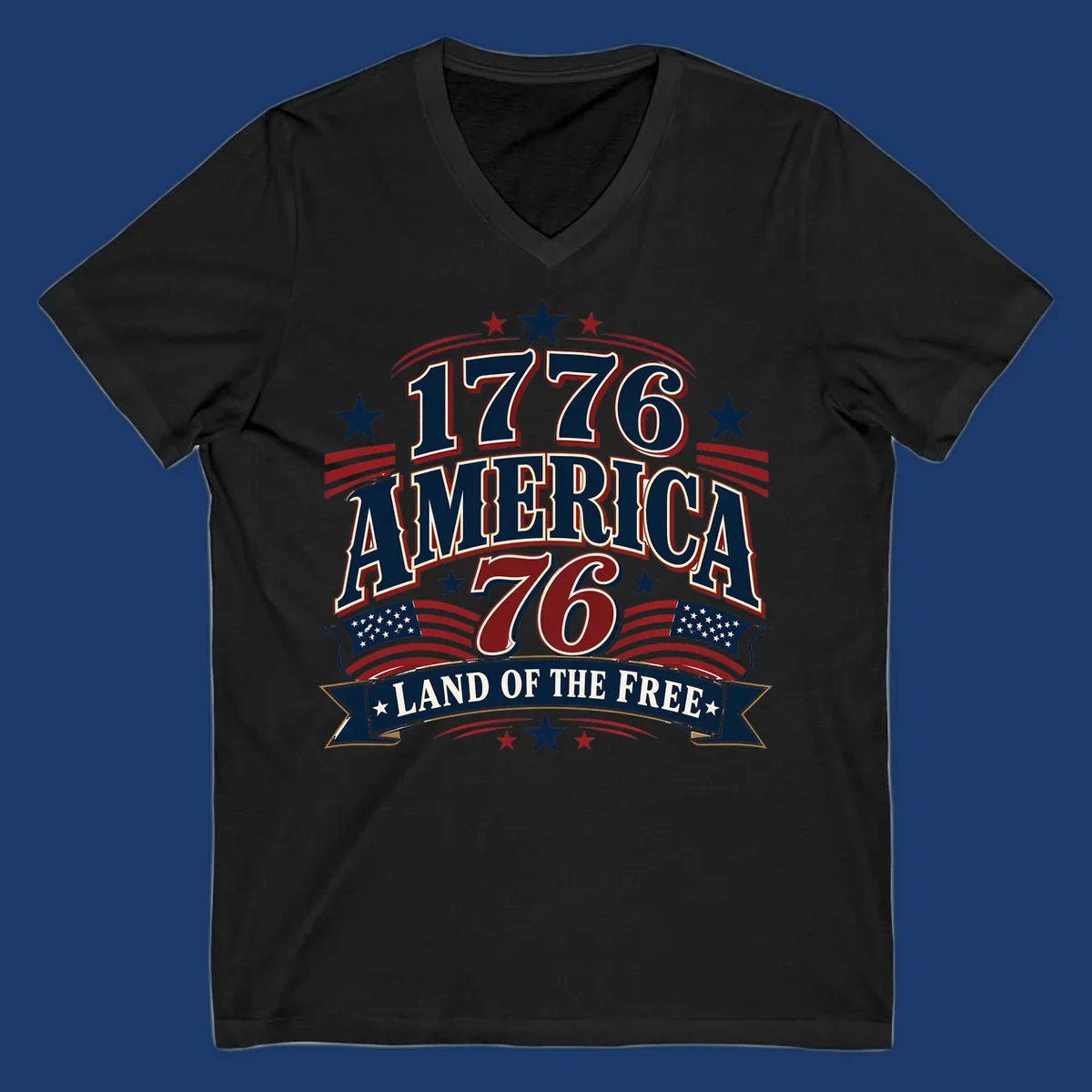 Bold 1776 America Land of the Free design with stars, stripes, and flags.