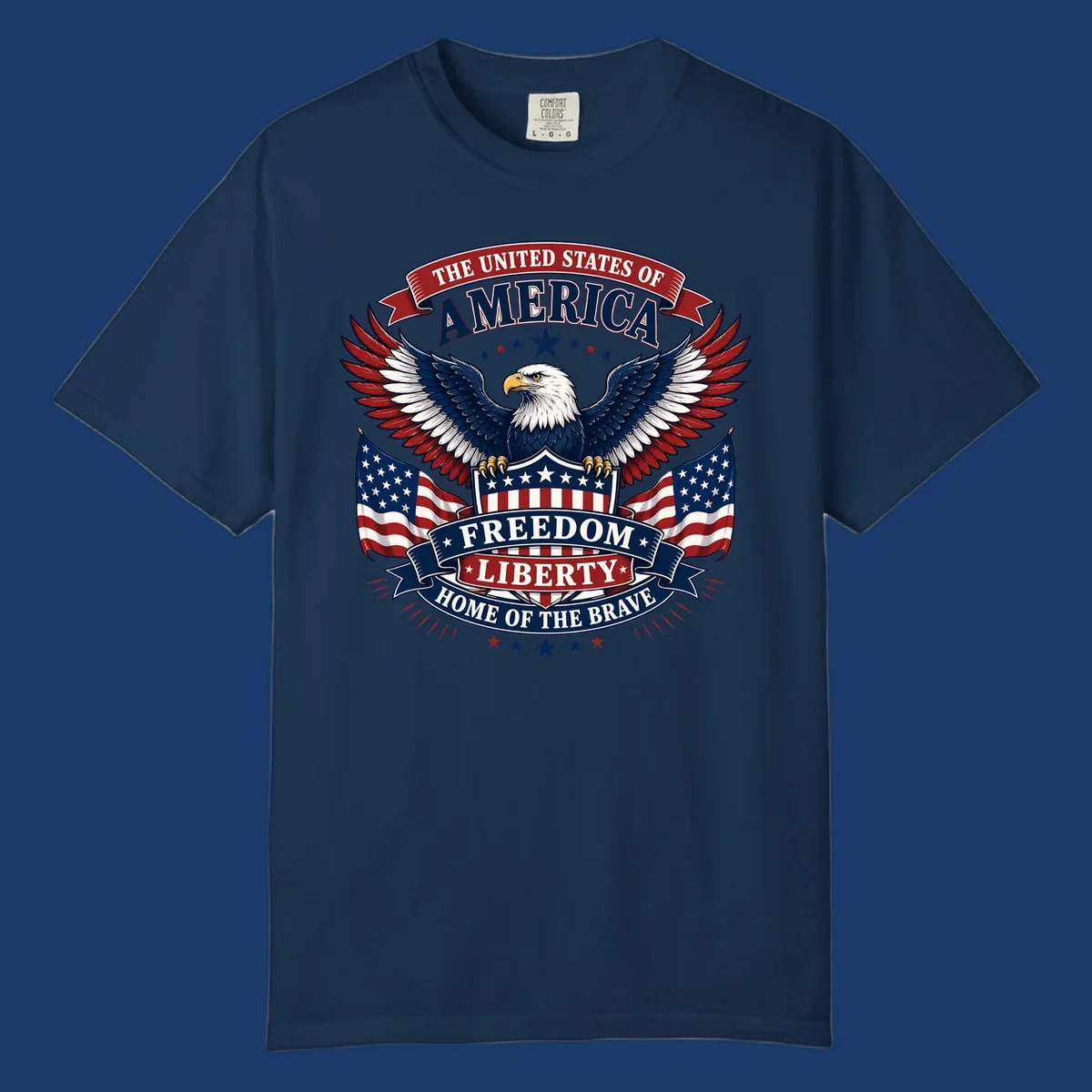 American freedom eagle with flags and patriotic text for USA celebration.