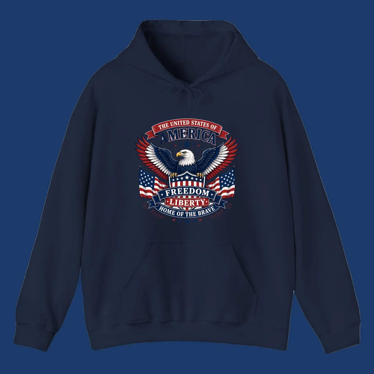 American freedom eagle with flags and patriotic text for USA celebration.