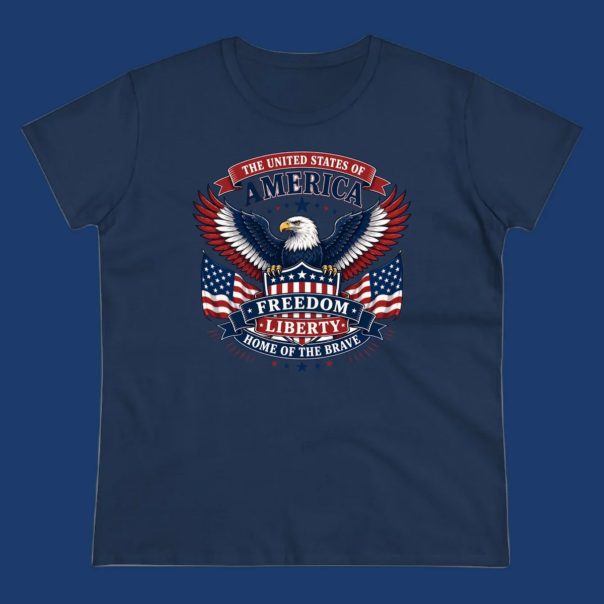 American freedom eagle with flags and patriotic text for USA celebration.