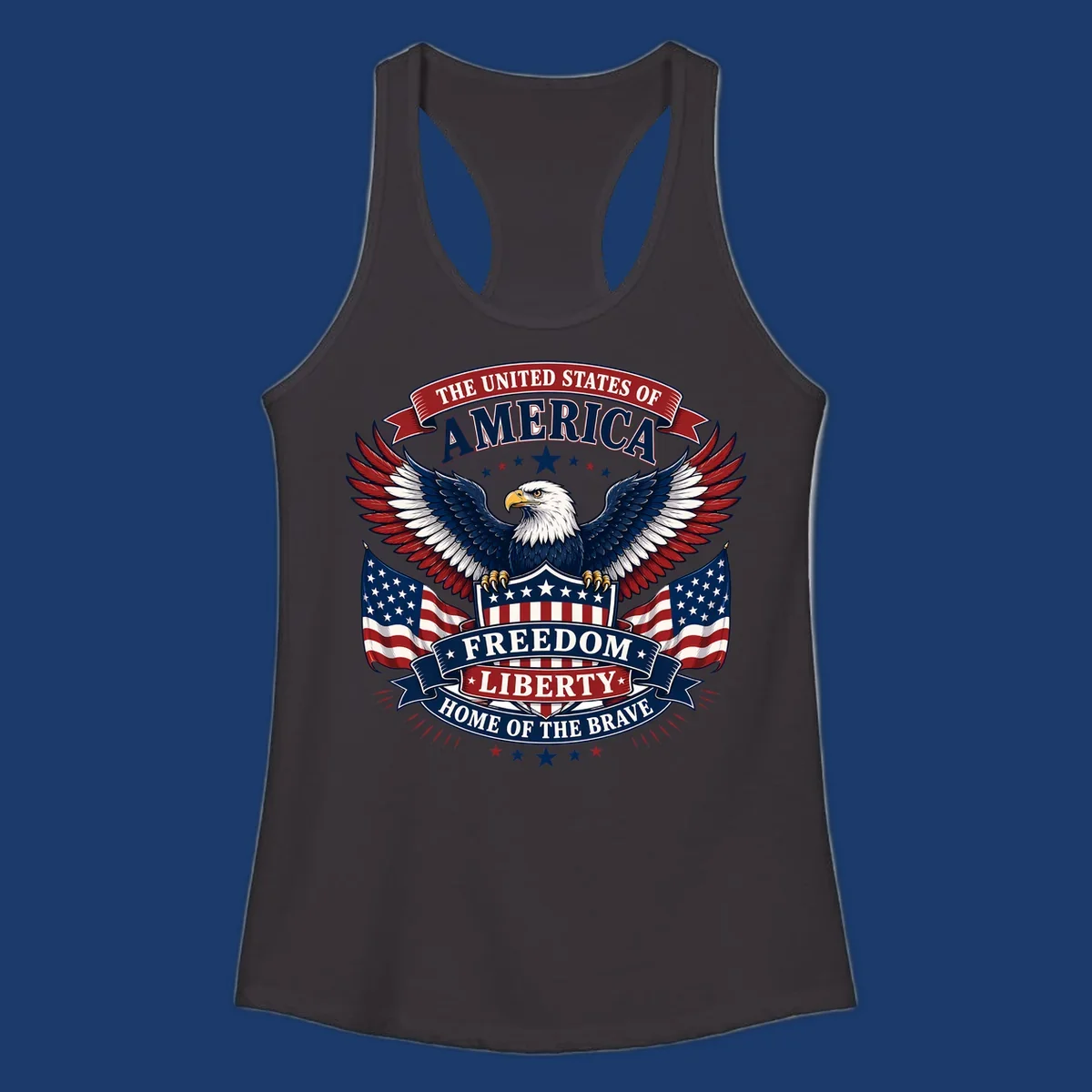 American freedom eagle with flags and patriotic text for USA celebration.