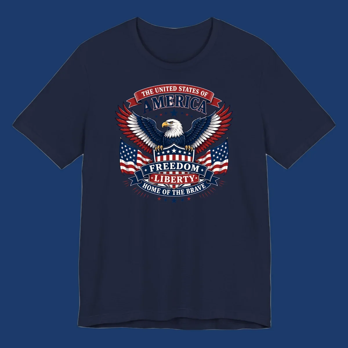 American freedom eagle with flags and patriotic text for USA celebration.
