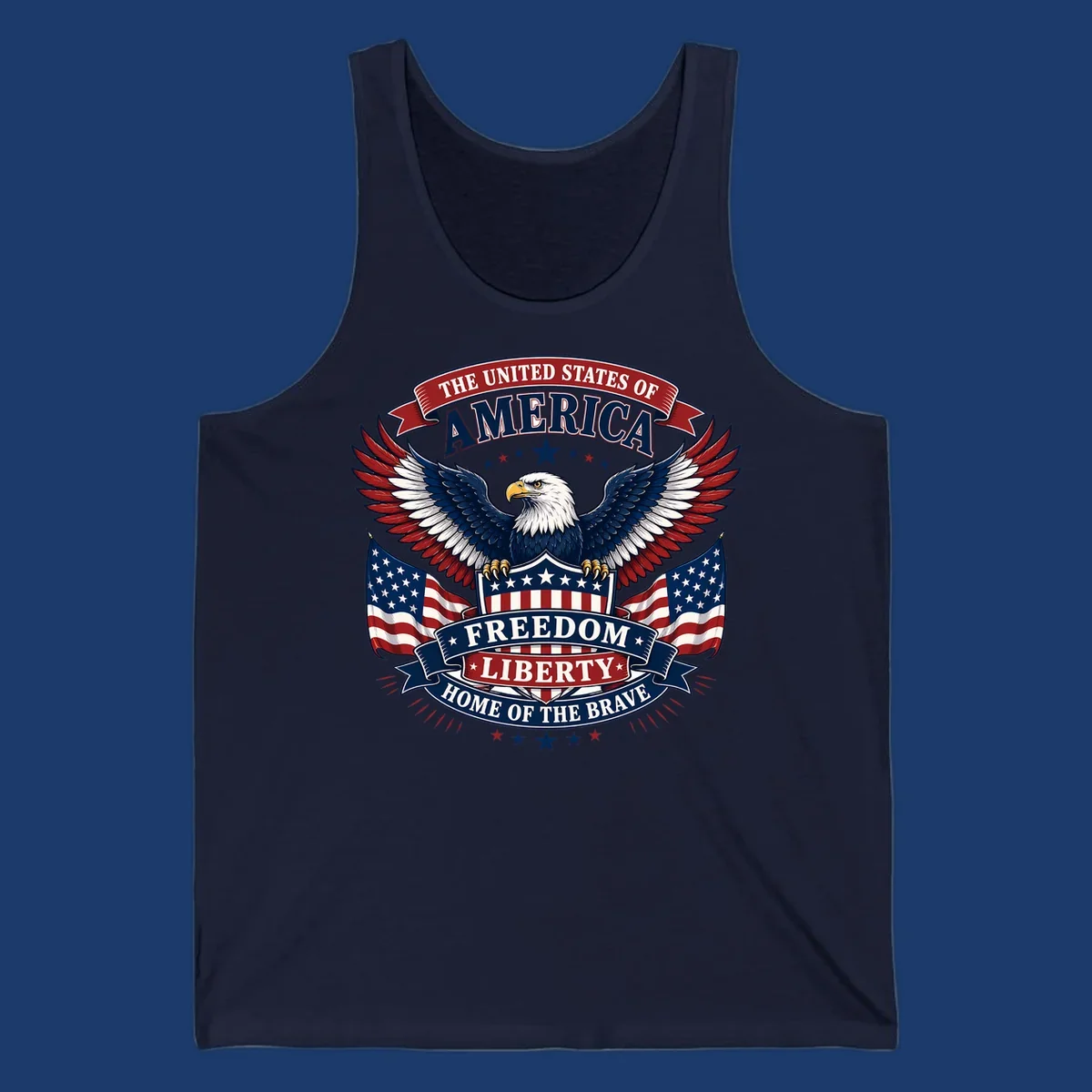 American freedom eagle with flags and patriotic text for USA celebration.