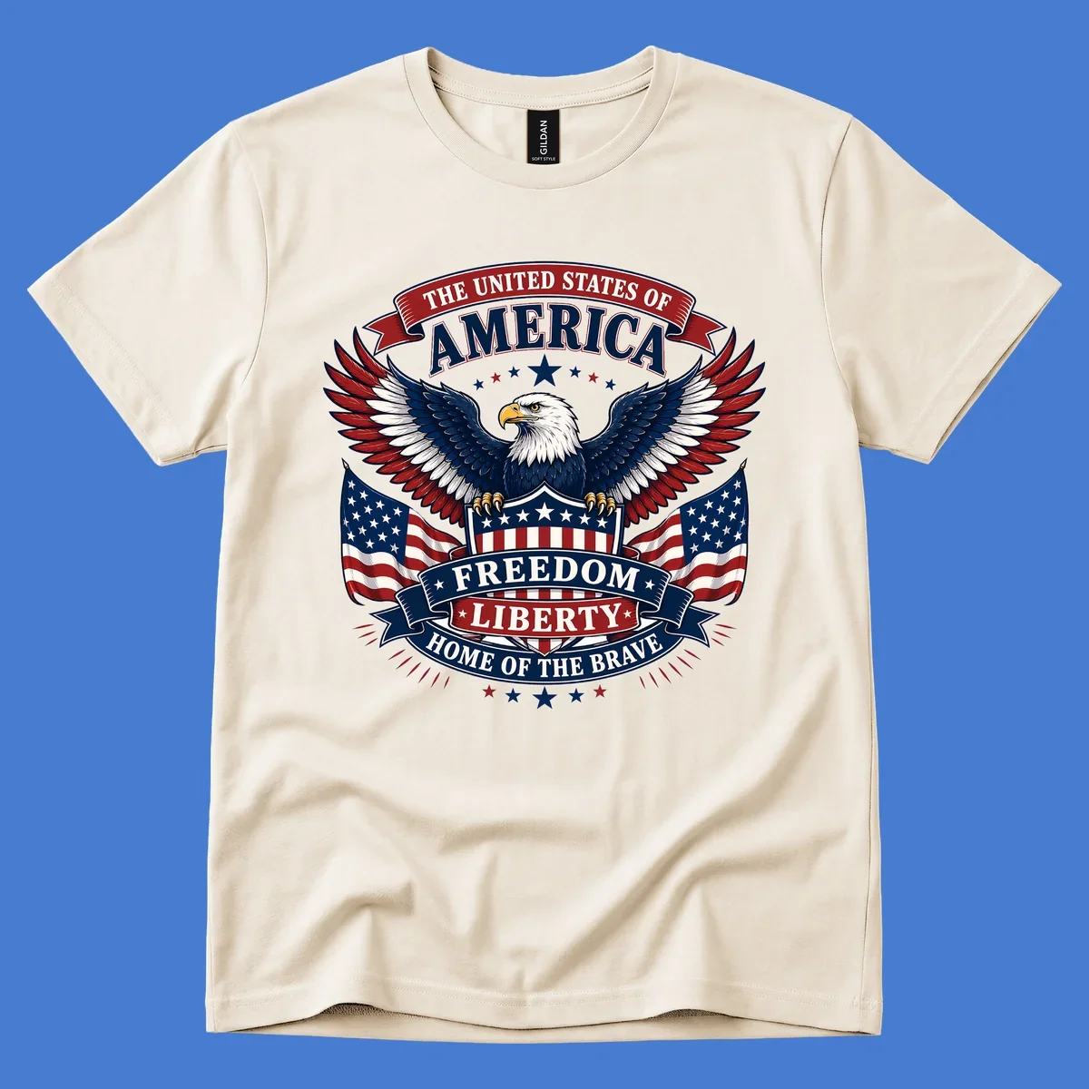 American freedom eagle with flags and patriotic text for USA celebration.