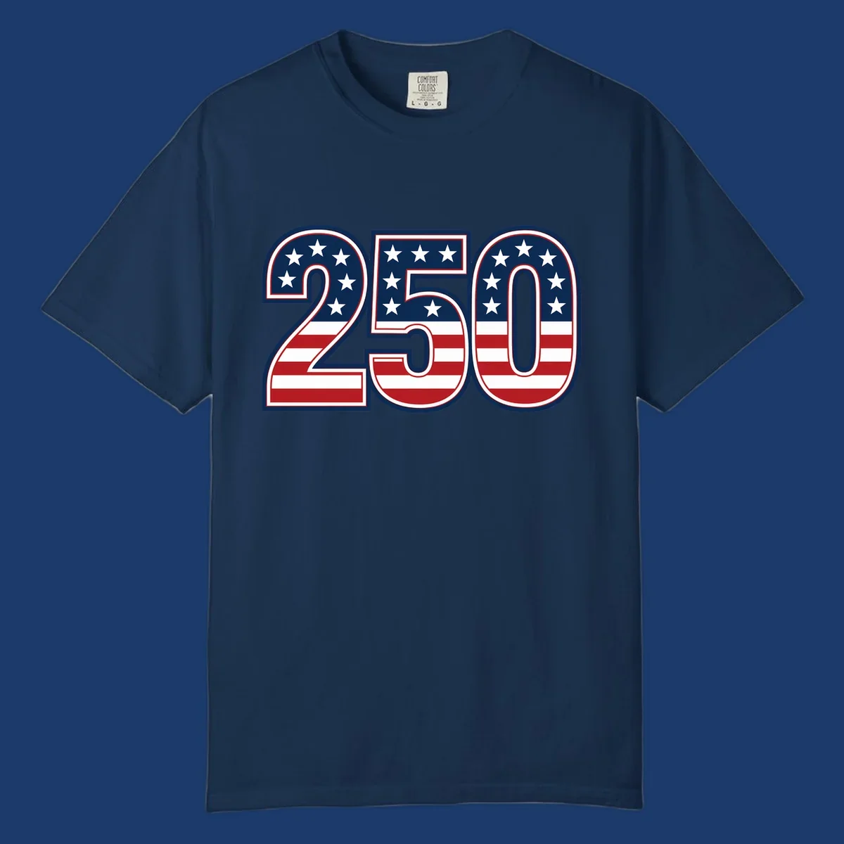 America 250th anniversary bold numbers with American flag pattern. Celebrate USA.