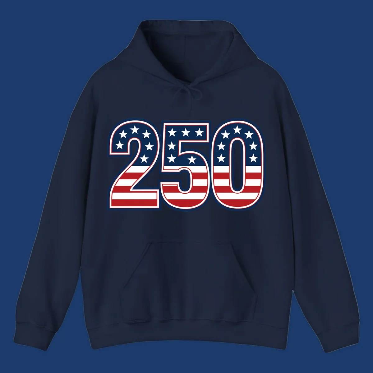 America 250th anniversary bold numbers with American flag pattern. Celebrate USA.