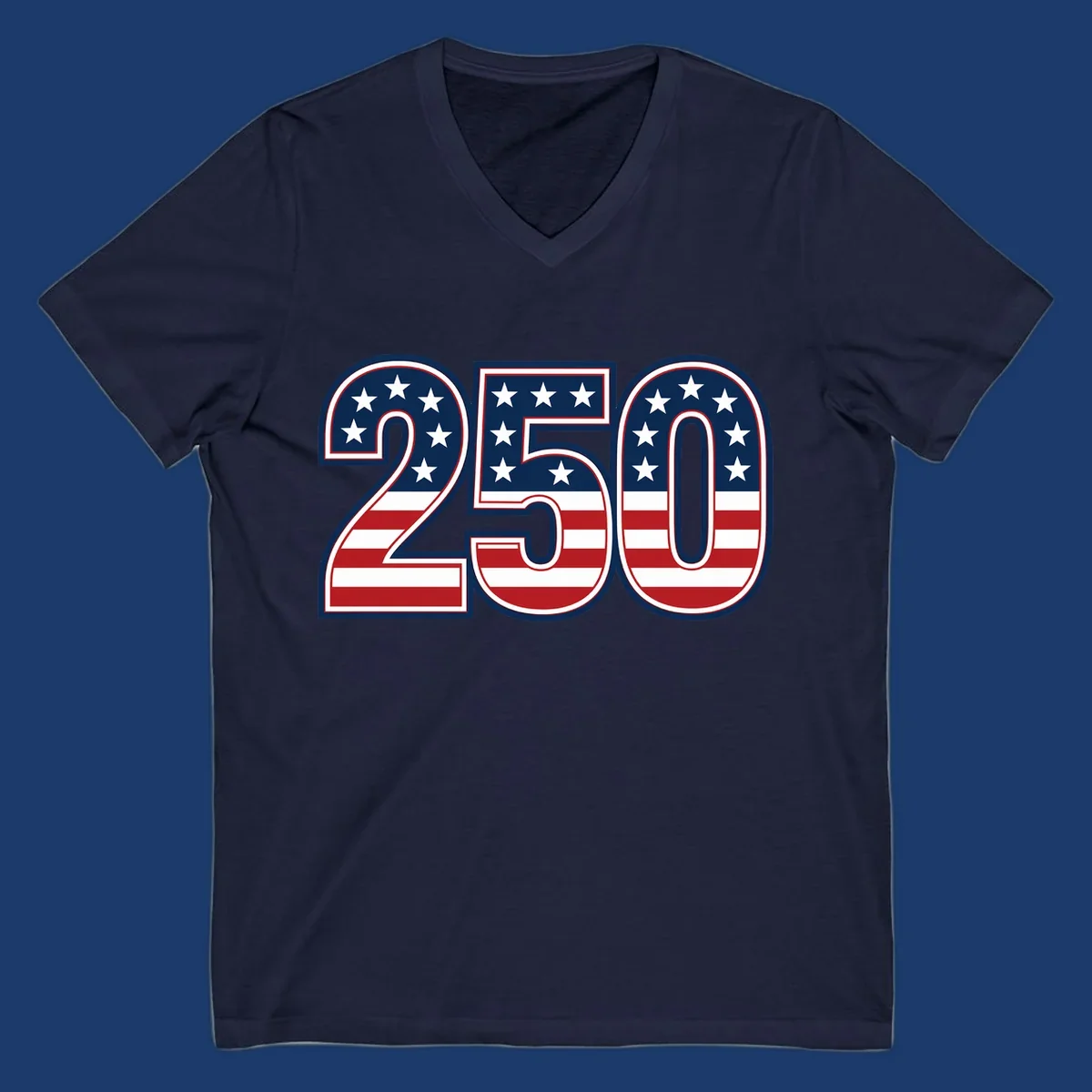America 250th anniversary bold numbers with American flag pattern. Celebrate USA.
