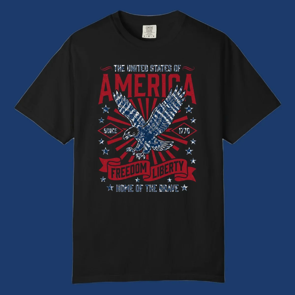 America freedom eagle illustration with patriotic text and elements.