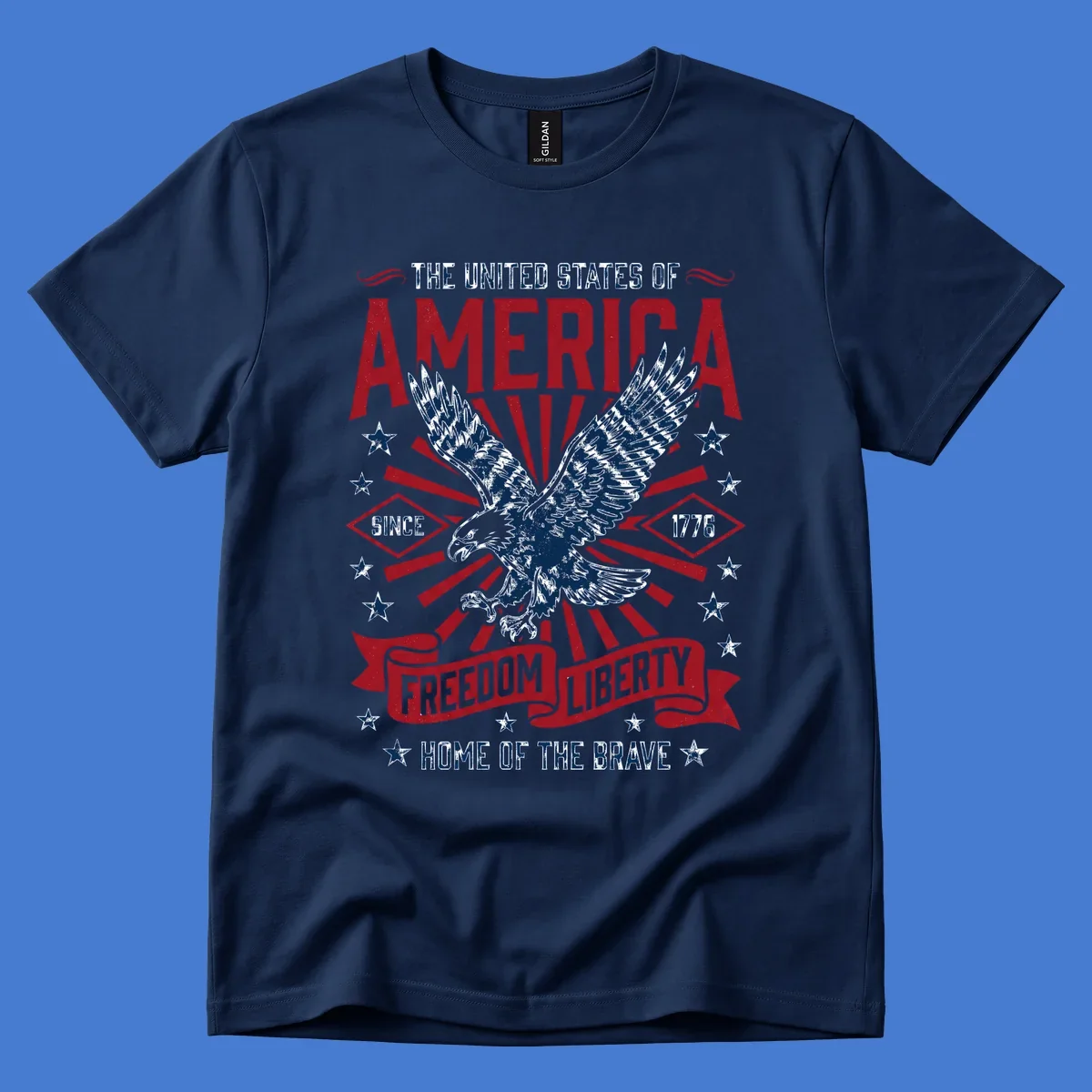 America freedom eagle illustration with patriotic text and elements.