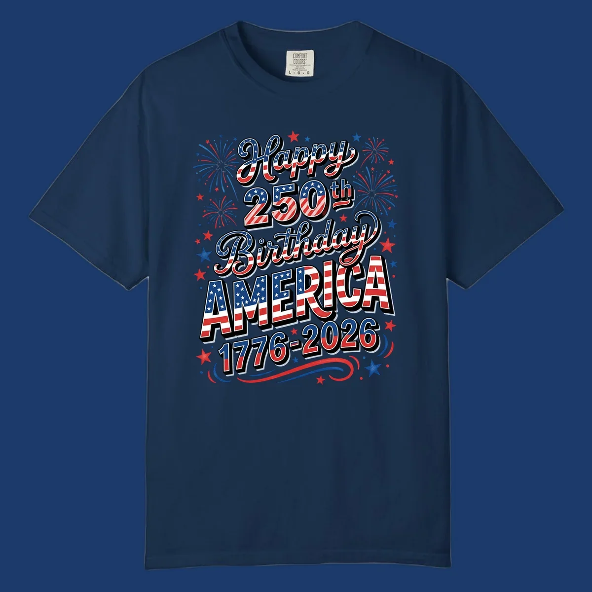 Happy 250th birthday america text with fireworks and stars, 1776-2026.