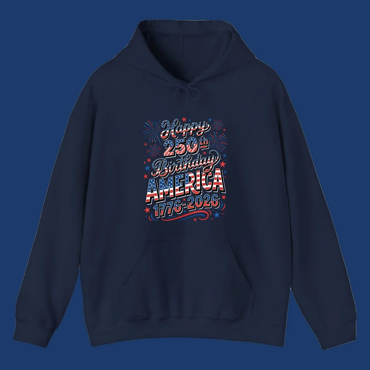 Happy 250th birthday america text with fireworks and stars, 1776-2026.