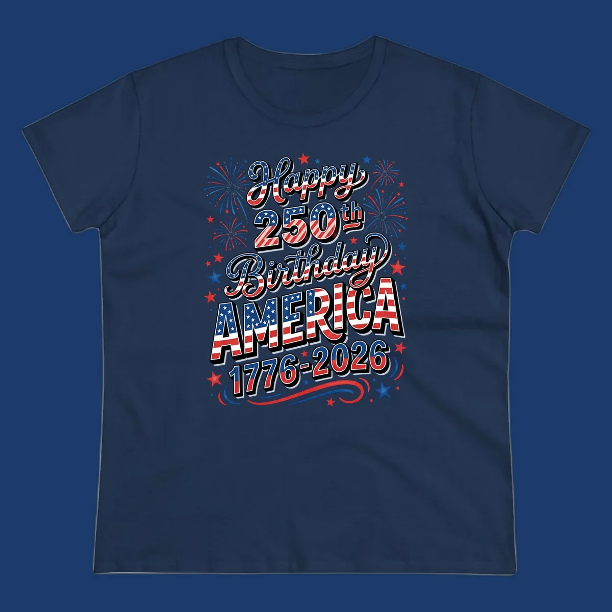 Happy 250th birthday america text with fireworks and stars, 1776-2026.