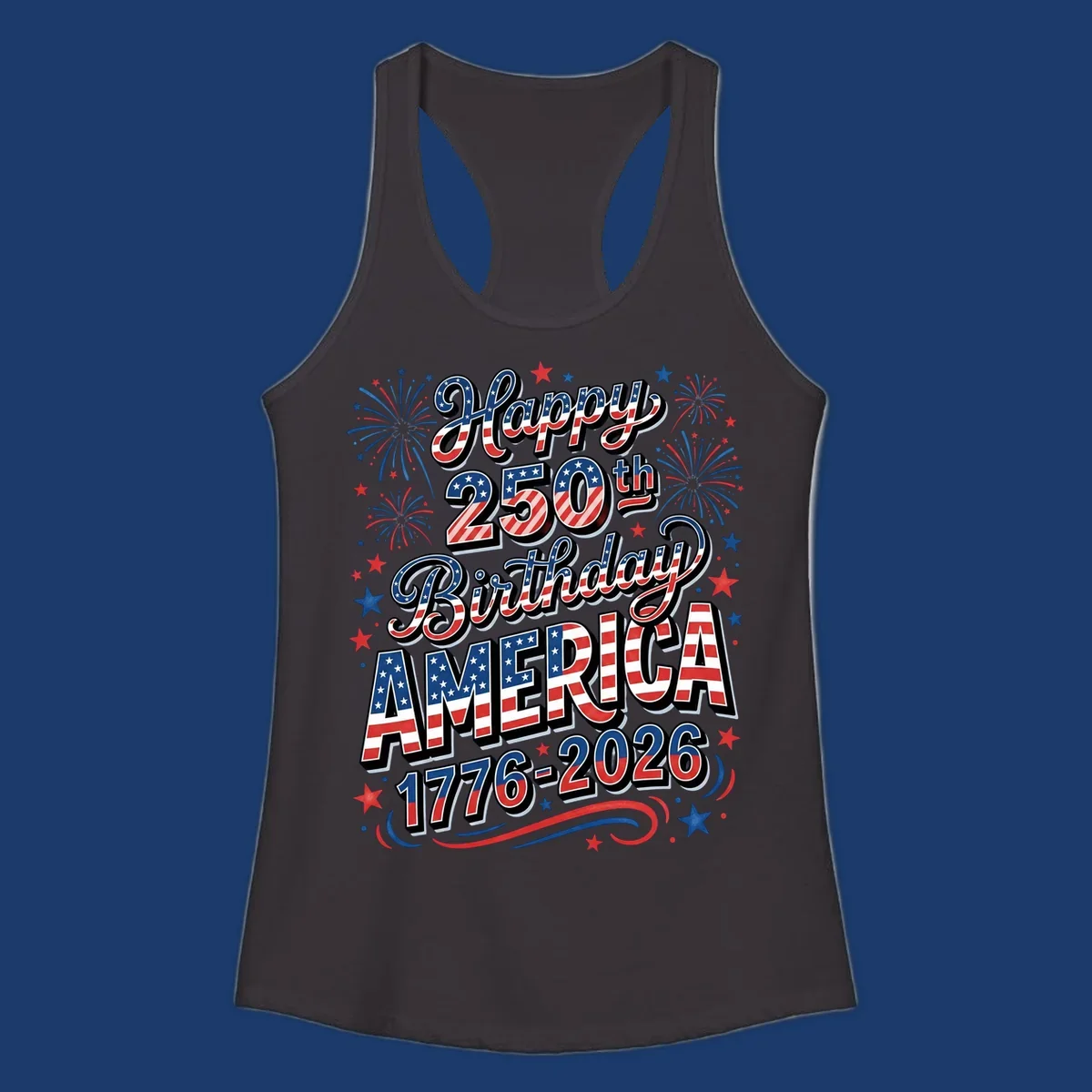 Happy 250th birthday america text with fireworks and stars, 1776-2026.