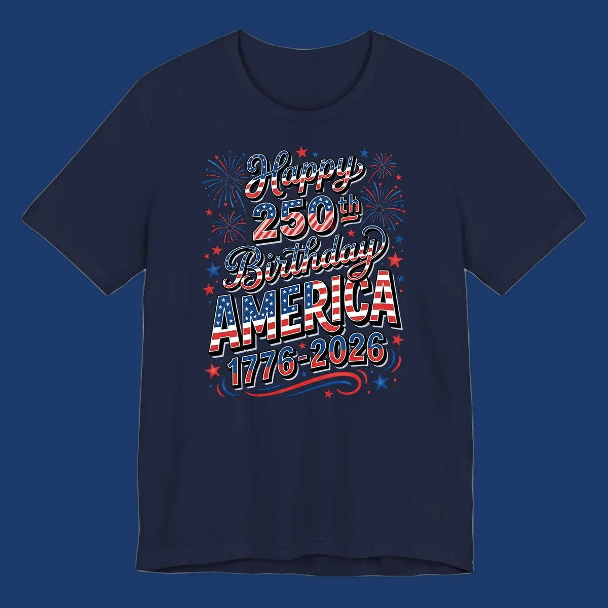 Happy 250th birthday america text with fireworks and stars, 1776-2026.