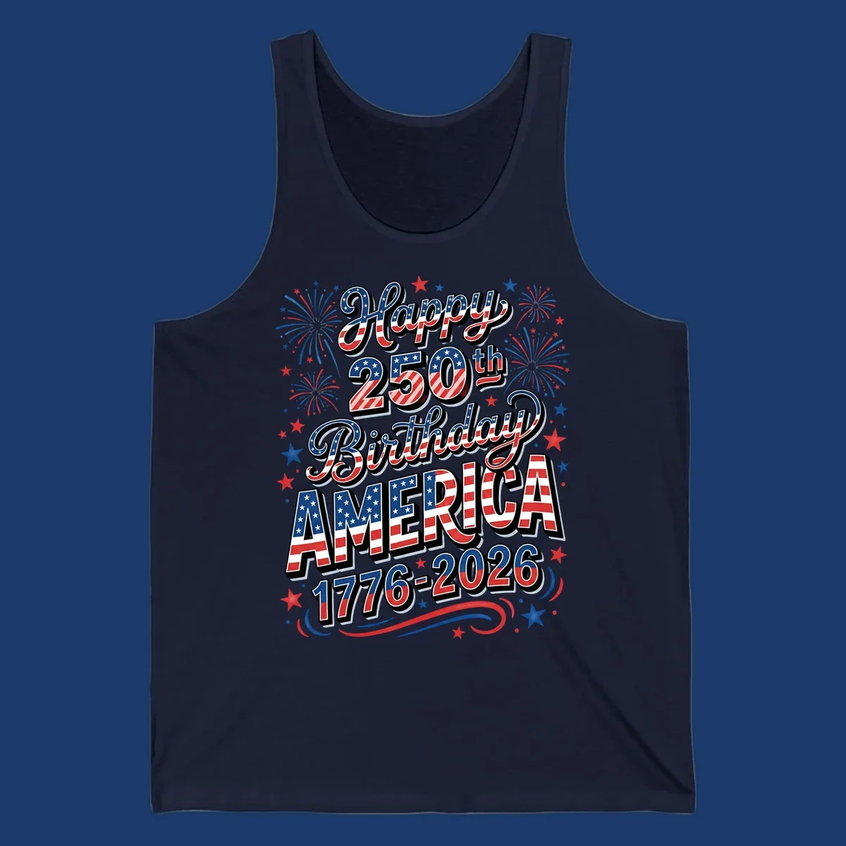 Happy 250th birthday america text with fireworks and stars, 1776-2026.