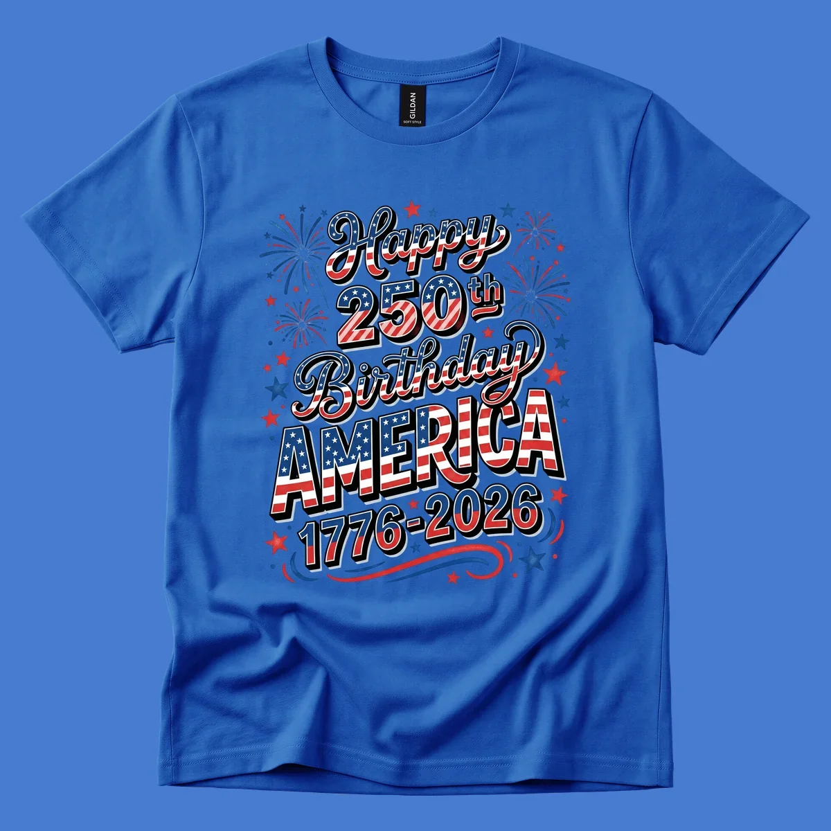 Happy 250th birthday america text with fireworks and stars, 1776-2026.