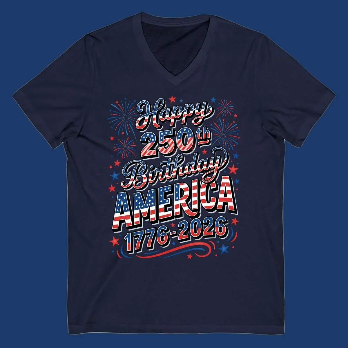 Happy 250th birthday america text with fireworks and stars, 1776-2026.