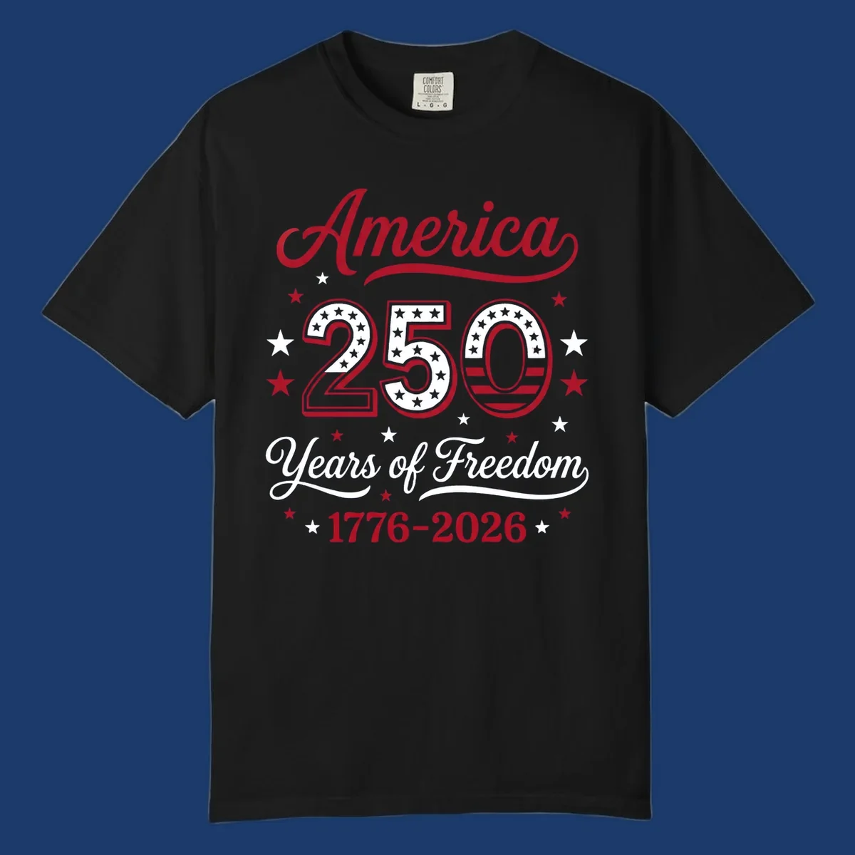America 250th anniversary design with bold text and patriotic stars and stripes elements.