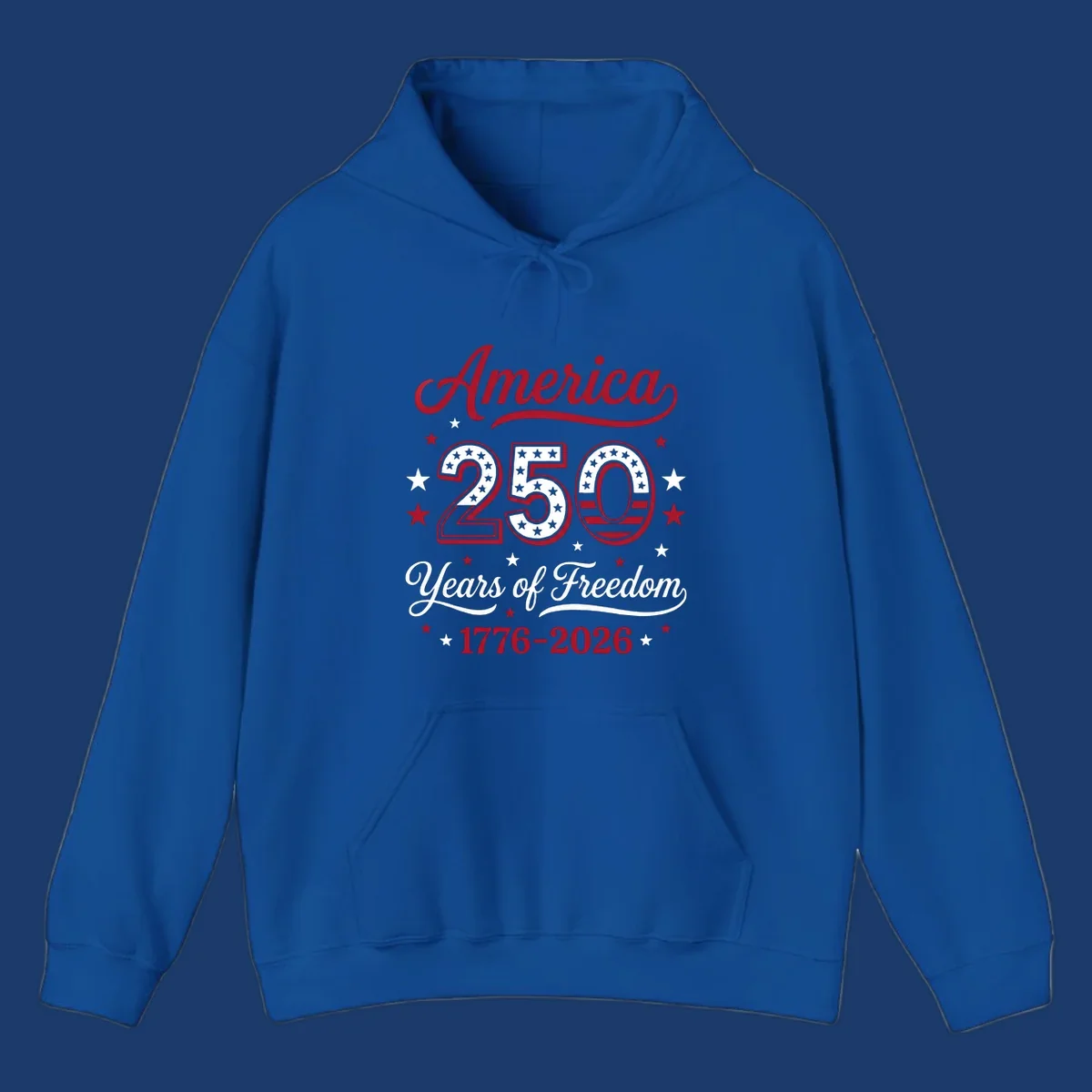 America 250th anniversary design with bold text and patriotic stars and stripes elements.
