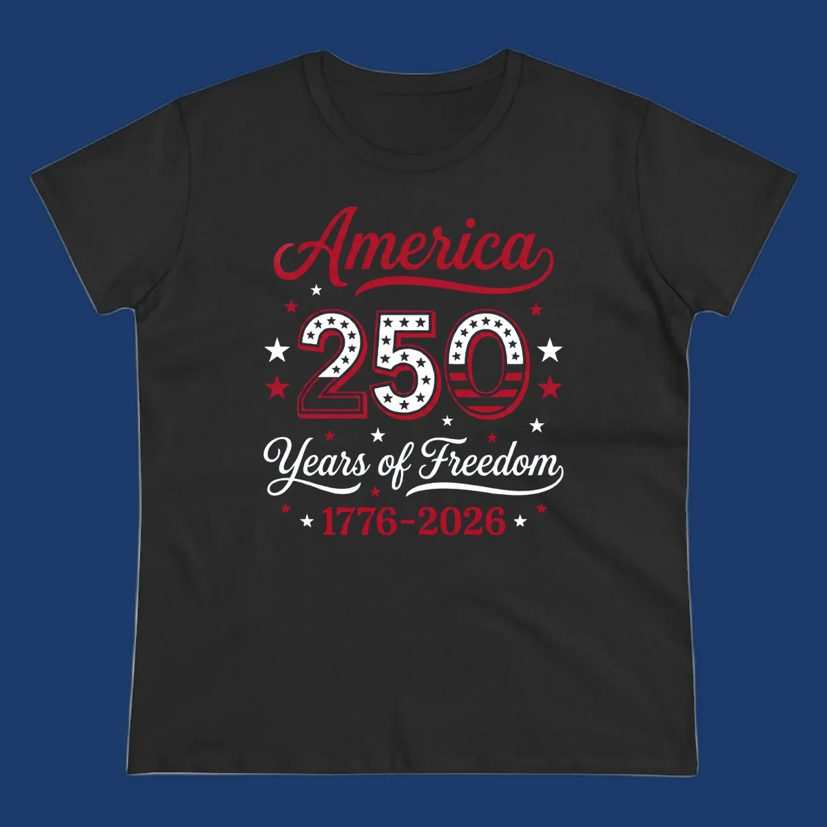 America 250th anniversary design with bold text and patriotic stars and stripes elements.