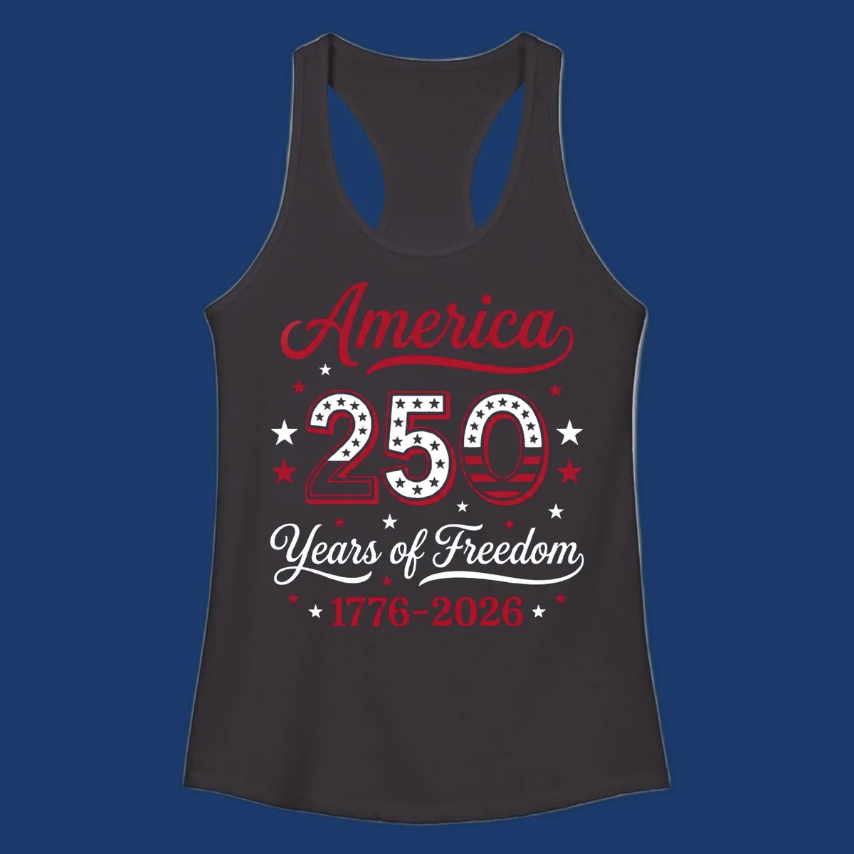 America 250th anniversary design with bold text and patriotic stars and stripes elements.