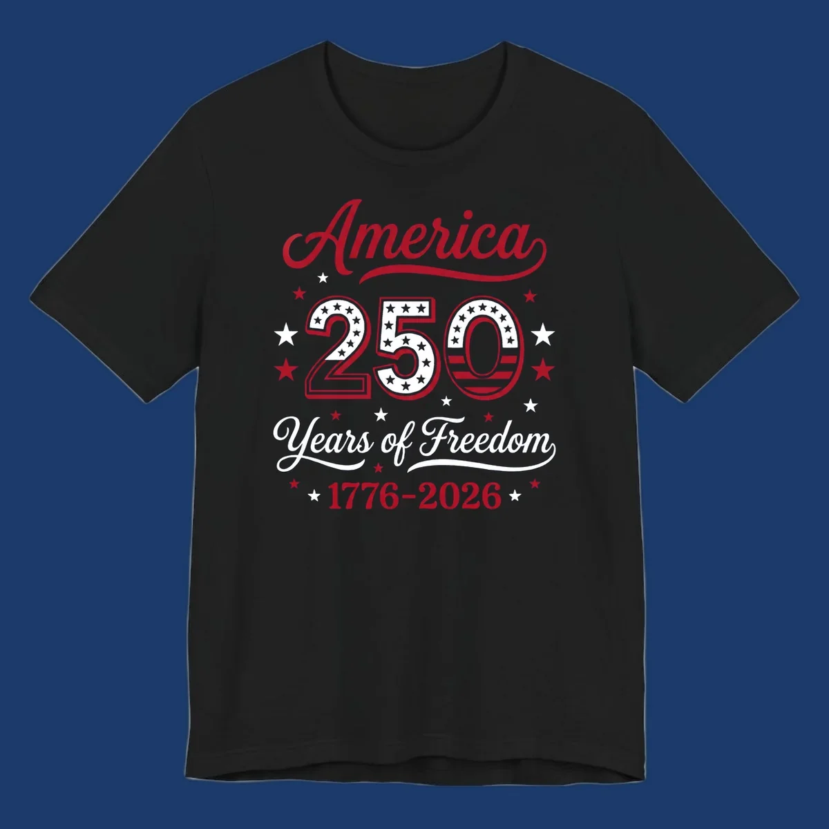America 250th anniversary design with bold text and patriotic stars and stripes elements.