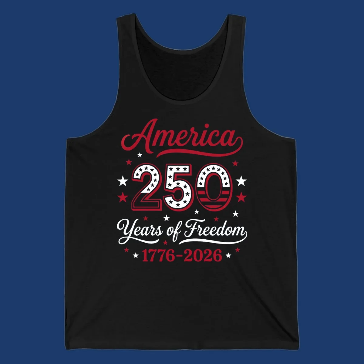 America 250th anniversary design with bold text and patriotic stars and stripes elements.