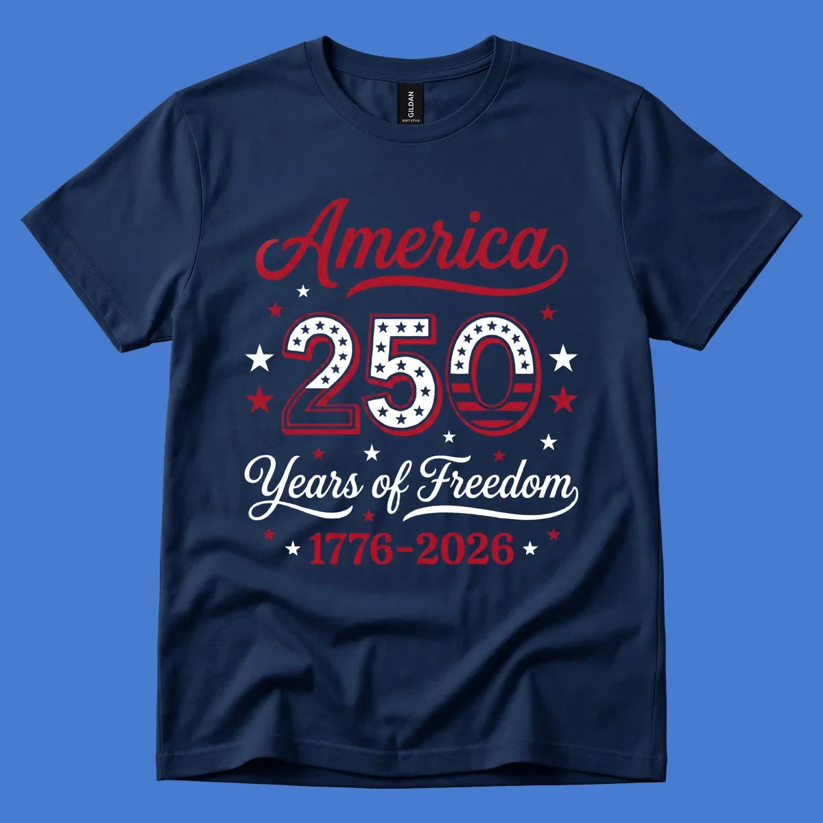 America 250th anniversary design with bold text and patriotic stars and stripes elements.