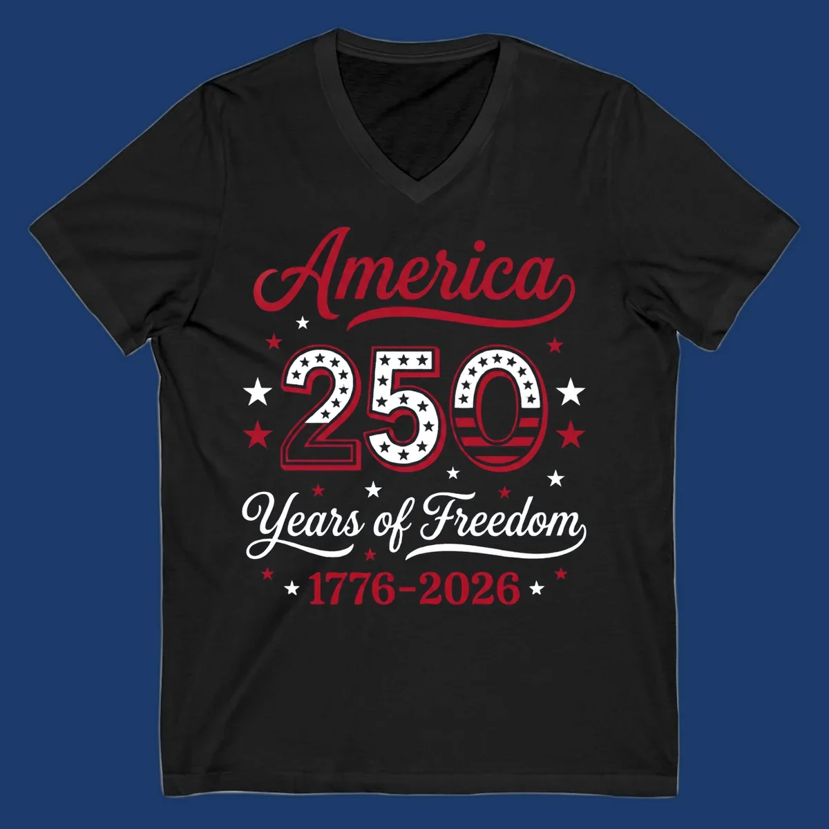 America 250th anniversary design with bold text and patriotic stars and stripes elements.