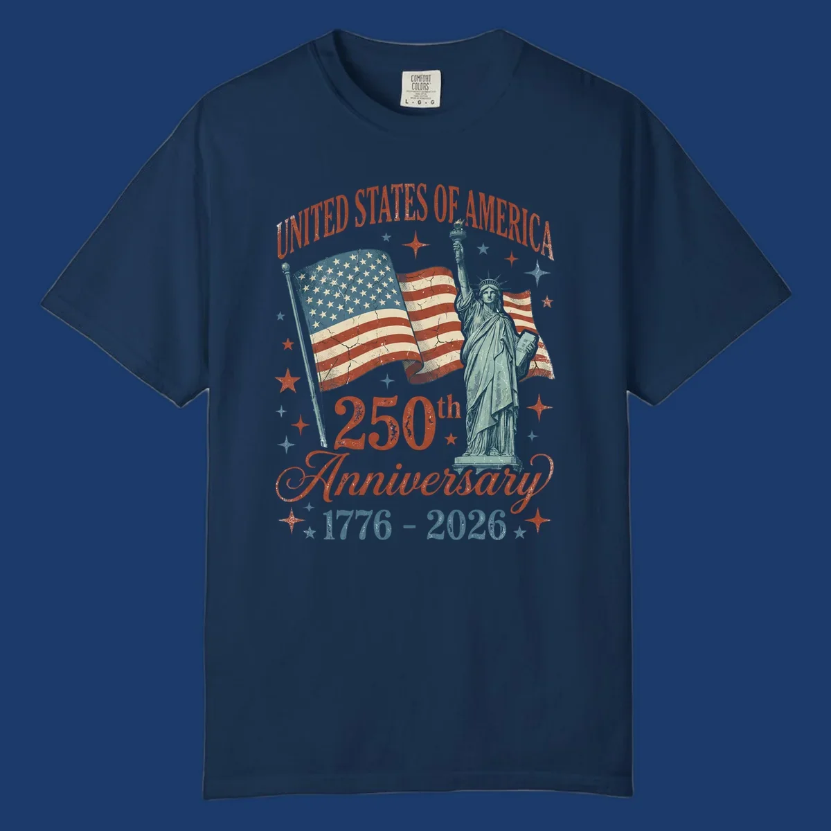 America 250th anniversary illustration with Statue of Liberty and American flags.