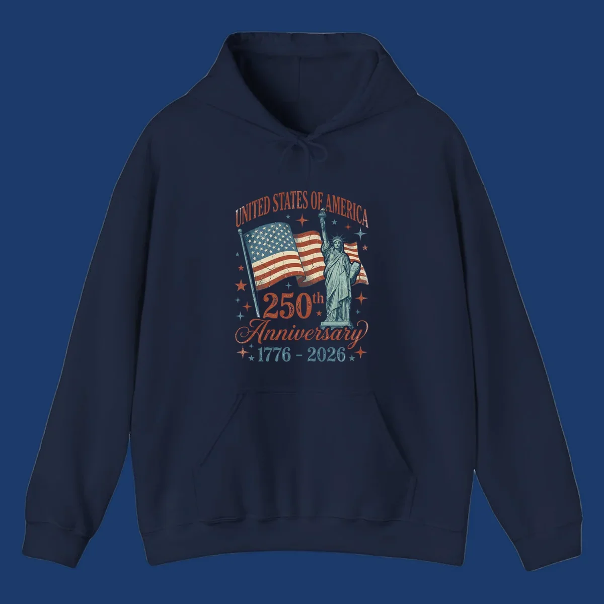 America 250th anniversary illustration with Statue of Liberty and American flags.