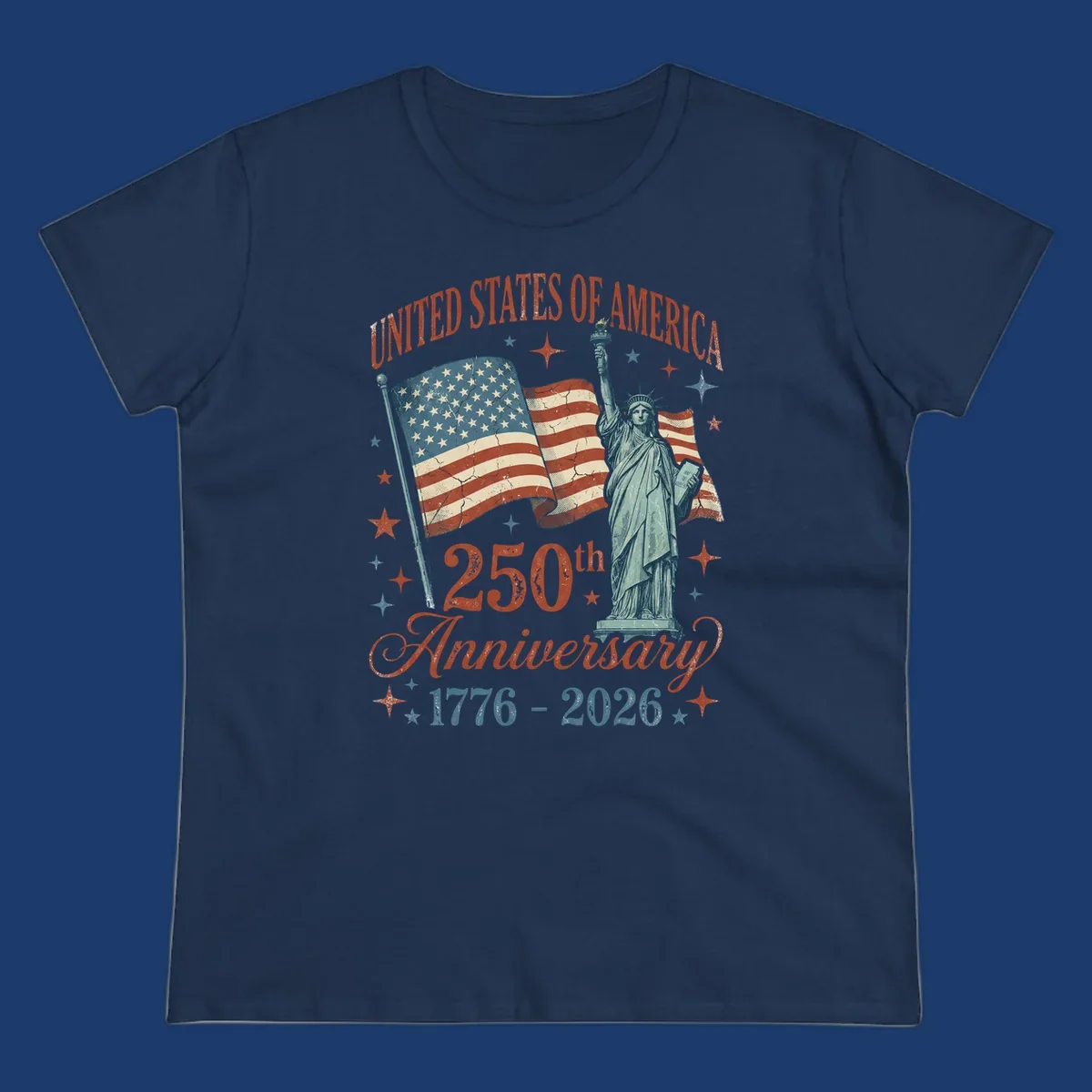 America 250th anniversary illustration with Statue of Liberty and American flags.