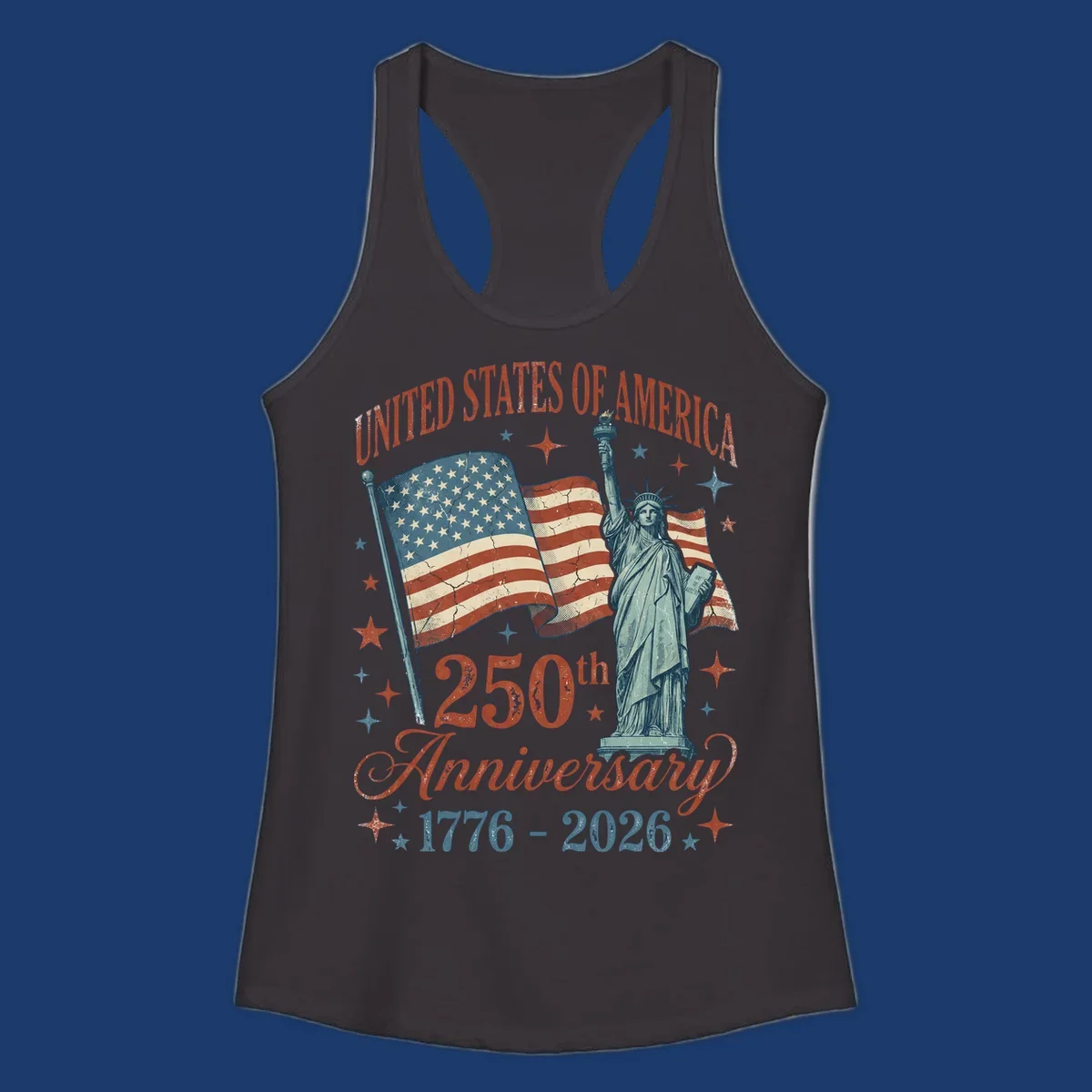 America 250th anniversary illustration with Statue of Liberty and American flags.