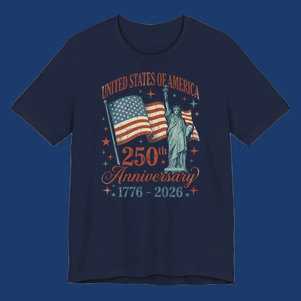 America 250th anniversary illustration with Statue of Liberty and American flags.