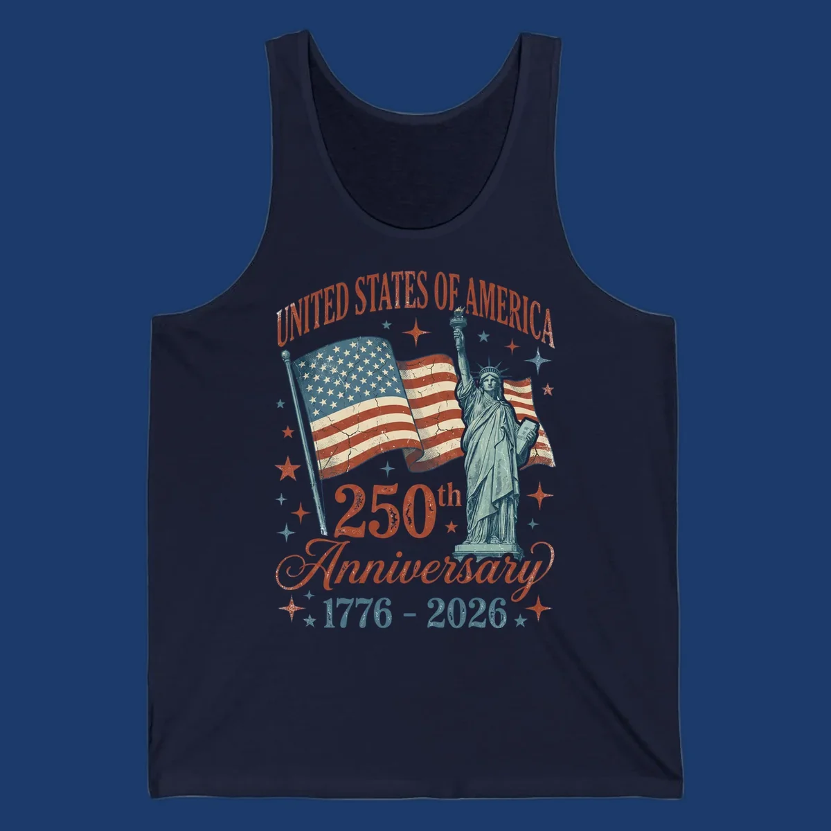 America 250th anniversary illustration with Statue of Liberty and American flags.