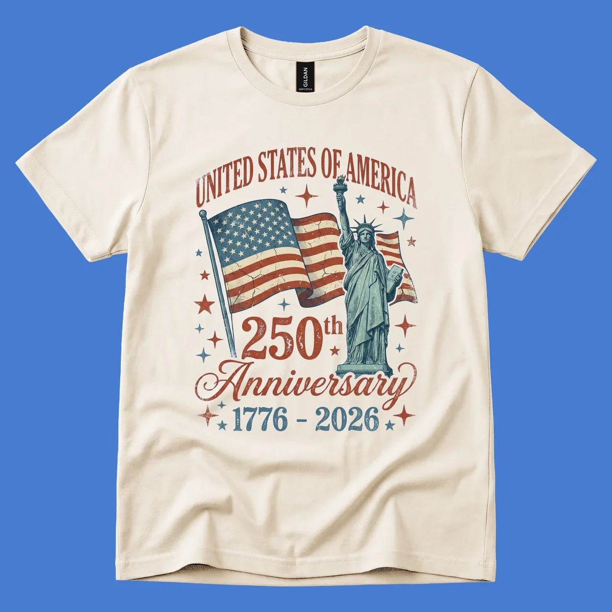 America 250th anniversary illustration with Statue of Liberty and American flags.