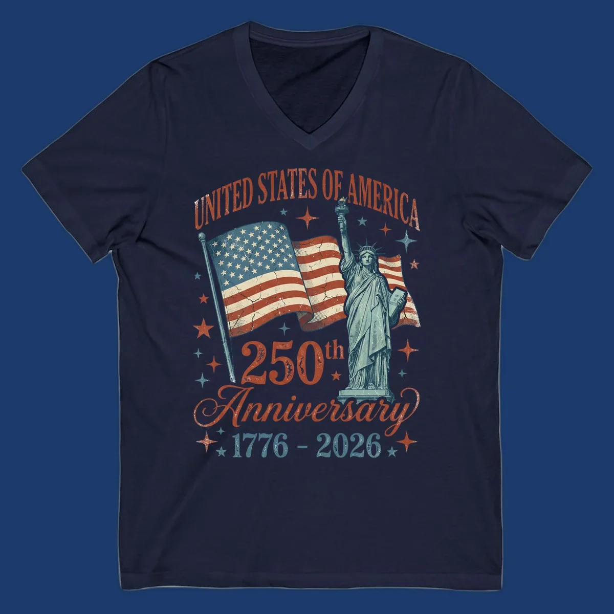 America 250th anniversary illustration with Statue of Liberty and American flags.